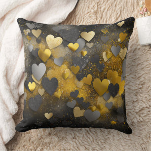 Black yellow grey glitter hearts cushion