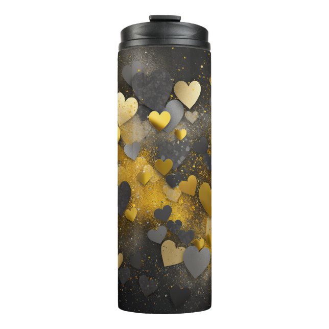 Black yellow grey glitter hearts thermal tumbler (Front)
