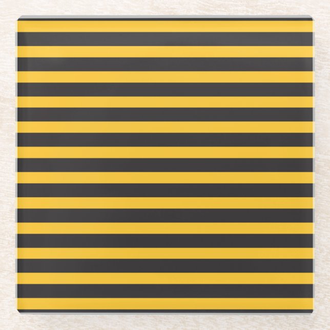 Black Yellow Horizontal Lines Geometric Bee Animal Glass Coaster (Front)