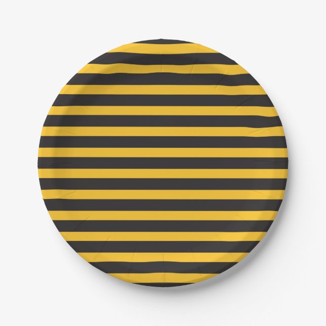 Black Yellow Horizontal Lines Geometric Bee Animal Paper Plate (Front)