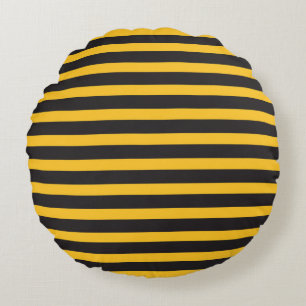 Black Yellow Horizontal Lines Geometric Bee Animal Round Cushion