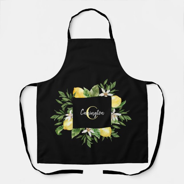 Black & Yellow Lemon Monogram Name  Apron (Front)