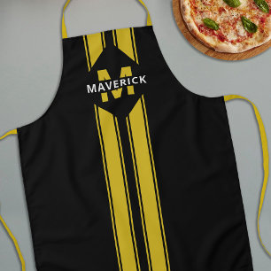 Black Yellow Mens Monogram and Name Apron