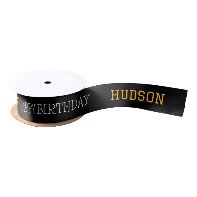Black Yellow Modern Custom Kids Happy Birthday Satin Ribbon (Spool)