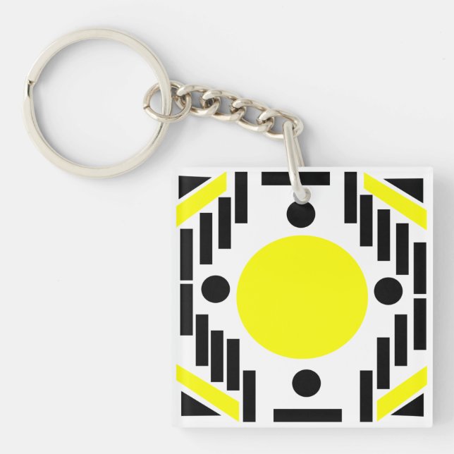 Black Yellow Modern Geometric Mandala Pattern Key Ring (Front)