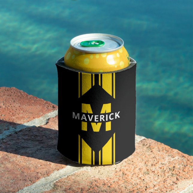 Black Yellow Monogram and Name Can Cooler (In Situ Pool)