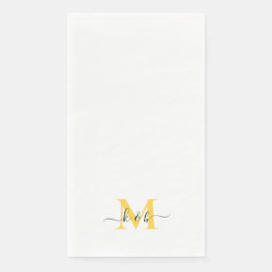 Black & Yellow Monogram Swash Script White Napkin
