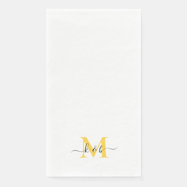Black & Yellow Monogram Swash Script White Napkin (Front)