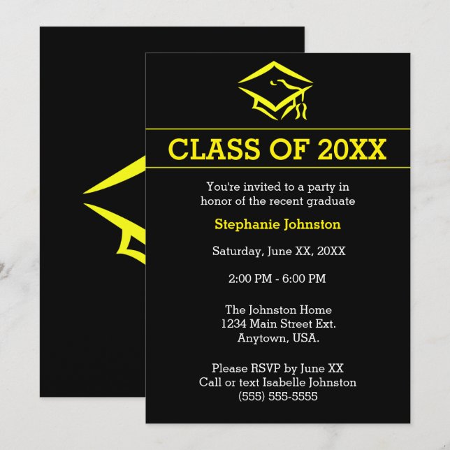 Black Yellow Mortarboard Simple Graduation Party Invitation (Front/Back)