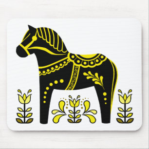 Black/yellow Nordic Folk Dala horse/Folk Friesian Mouse Mat