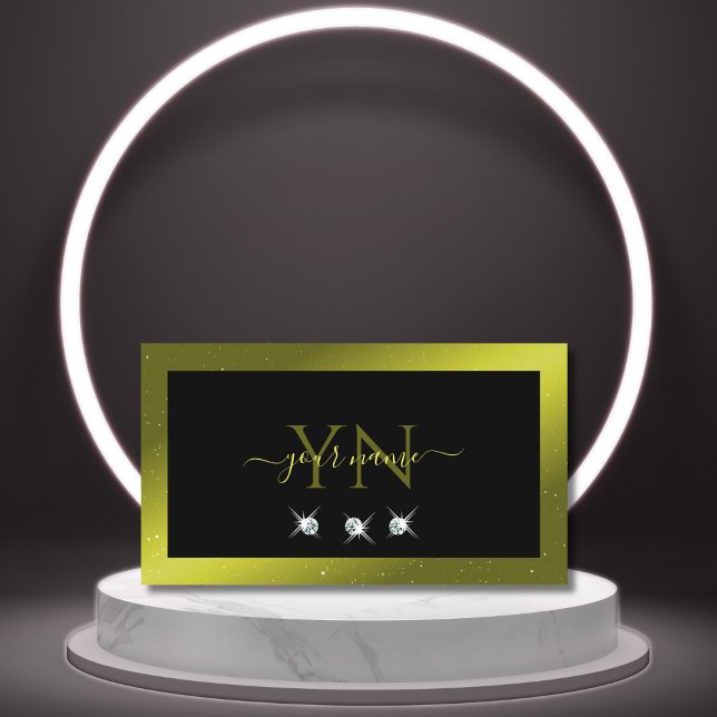 Black Yellow Olive Green Sparkling Jewels Monogram Business Card (Creator Uploaded)