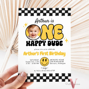 Black Yellow ONE HAPPY DUDE Photo Groovy Birthday Invitation