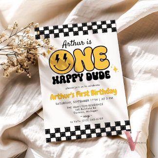 Black Yellow ONE HAPPY DUDE Retro Groovy Birthday Invitation
