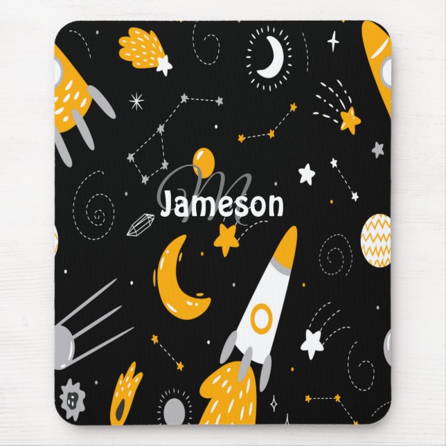 Black Yellow Outer Space Galaxy Rocket Mouse Mat (Front)