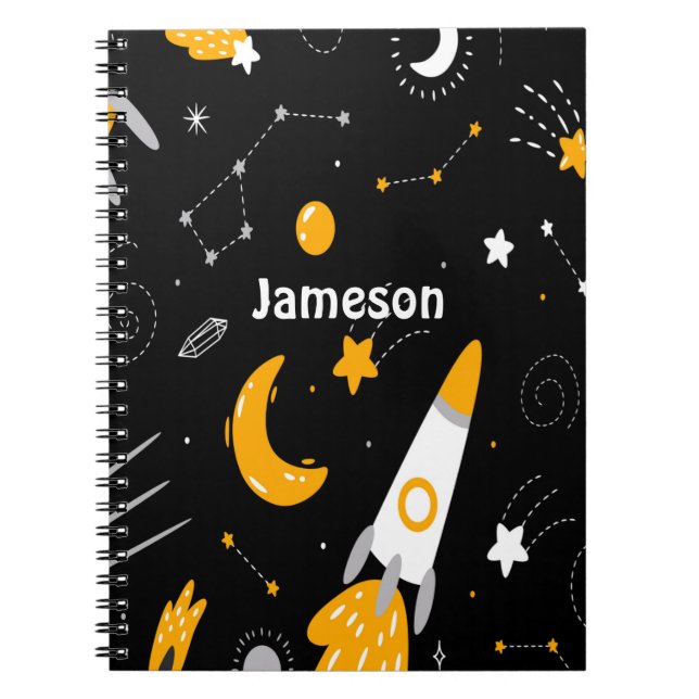 Black Yellow Outer Space Galaxy Rocket  Notebook (Front)
