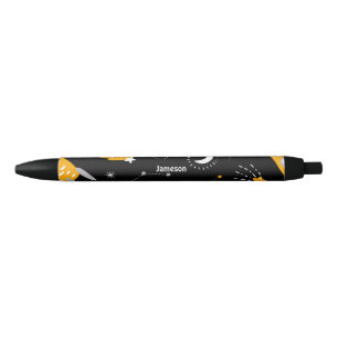 Black Yellow Outer Space Stars Moon Rocket Black Ink Pen