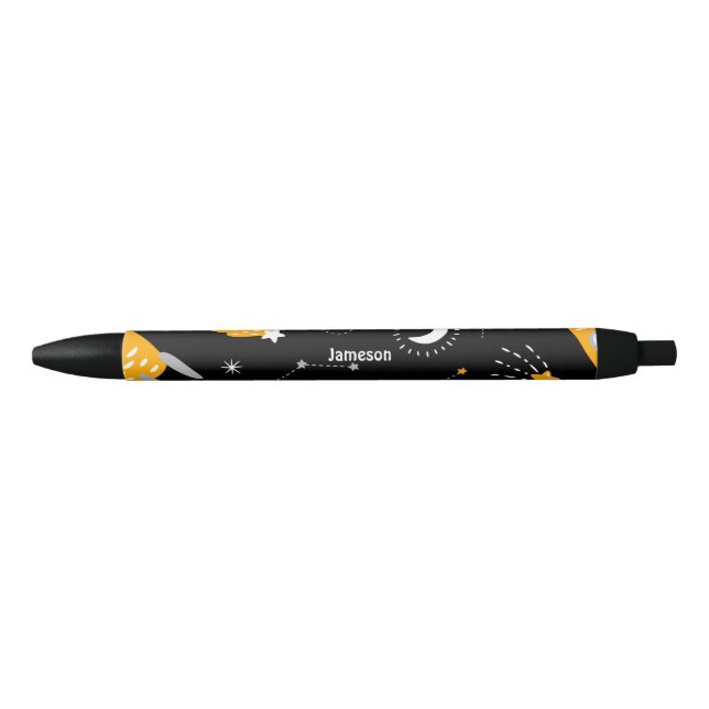 Black Yellow Outer Space Stars Moon Rocket Black Ink Pen (Front)