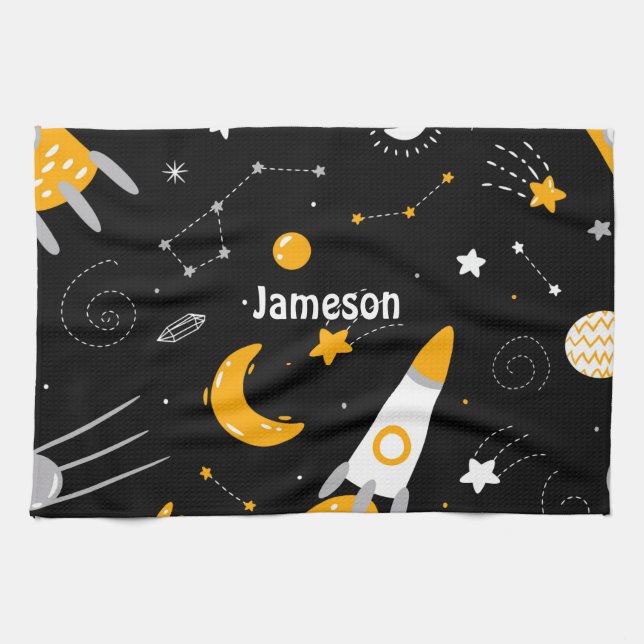 Black Yellow Outer Space Stars Moon Rocket Tea Towel (Horizontal)