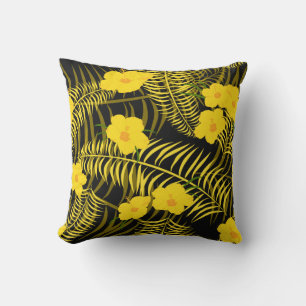Black Yellow Palm Leaf and Hibiscus Flowers Cushion