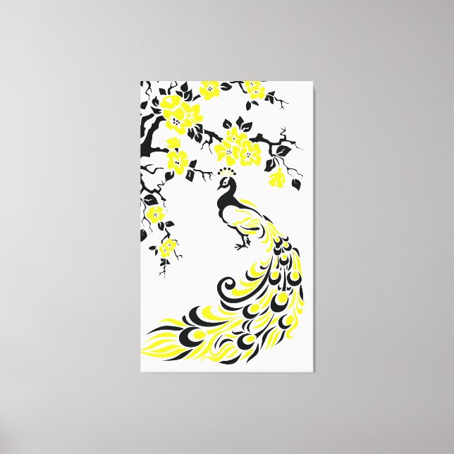 Black yellow peacock and cherry blossoms custom canvas print (Front)