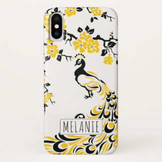 Black yellow peacock & cherry blossoms art nouveau iPhone x case