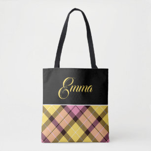 Black Yellow Pink Plaid Tartan Personalised Name Tote Bag