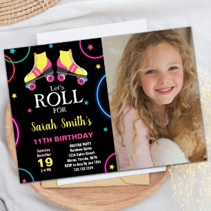 Black Yellow Pink Skating Birthday with Photo Invitation