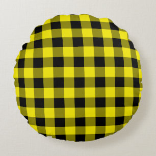 Black & Yellow Plaid Checked Round Cushion