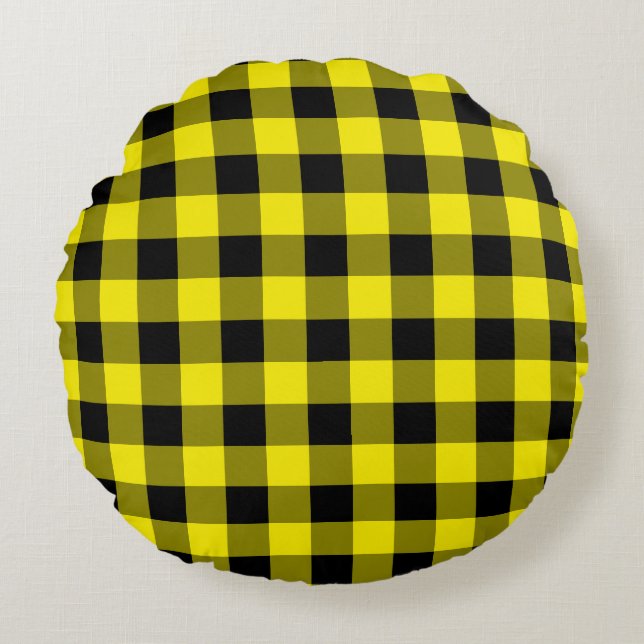Black & Yellow Plaid Checked Round Cushion (Front)