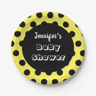 Black & Yellow Polka Dot Custom Baby Shower Paper Plate