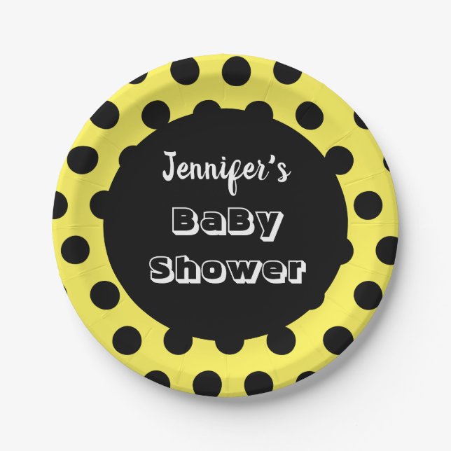 Black & Yellow Polka Dot Custom Baby Shower Paper Plate (Front)