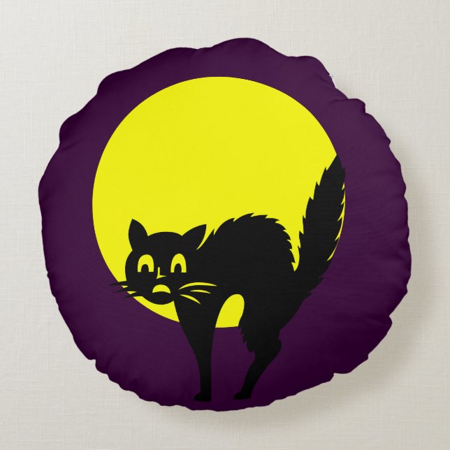 Black yellow purple skulls cat moon  Halloween Round Cushion (Back)