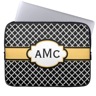 Black Yellow Quatrefoil Monogram Laptop Sleeve