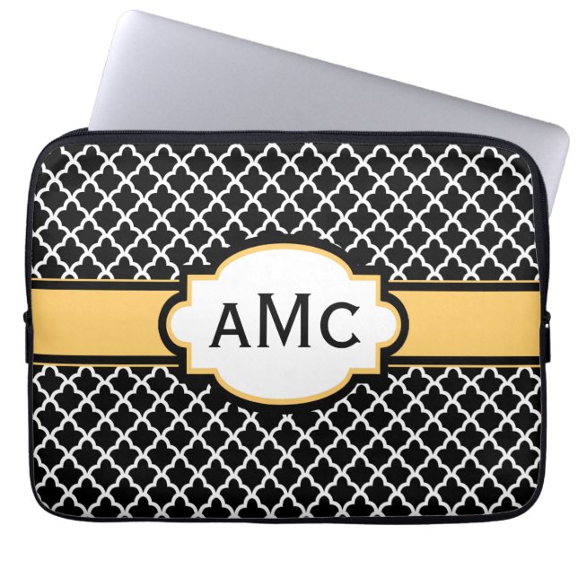 Black Yellow Quatrefoil Monogram Laptop Sleeve (Front)
