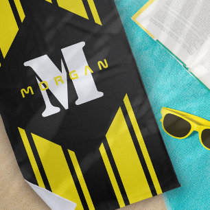 Black Yellow Racing Stripes Monogram Beach Towel