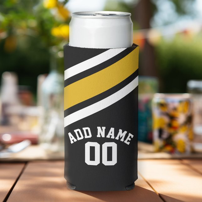 Black Yellow Sports Jersey Custom Name Number Seltzer Can Cooler (Football Birthday Party Personalized can coolers - add your name)