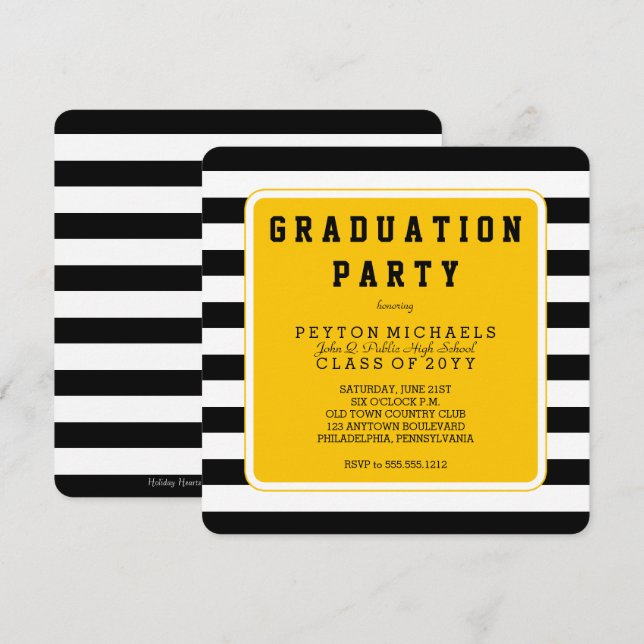 Black | Yellow Sporty Striped Graduation Party Invitation (Front/Back)