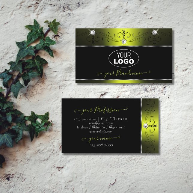 Black Yellow Squiggles Sparkling Diamonds Add Logo Business Card (Creator Uploaded)