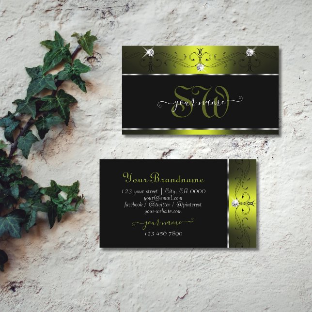 Black Yellow Squiggles Sparkling Diamonds Initials Business Card (Creator Uploaded)