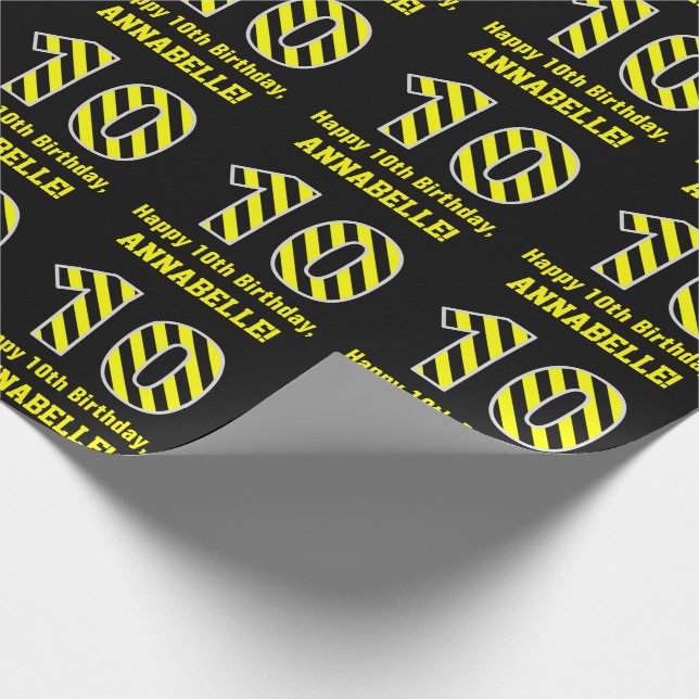 Black & Yellow Striped "10"; 10th Birthday + Name Wrapping Paper (Corner)