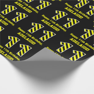 Black & Yellow Striped "11"; 11th Birthday + Name Wrapping Paper
