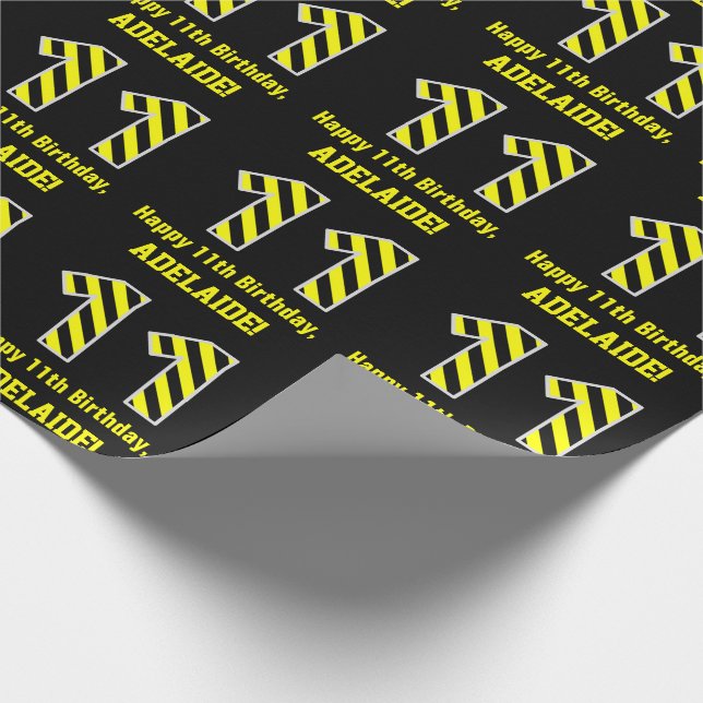 Black & Yellow Striped "11"; 11th Birthday + Name Wrapping Paper (Corner)