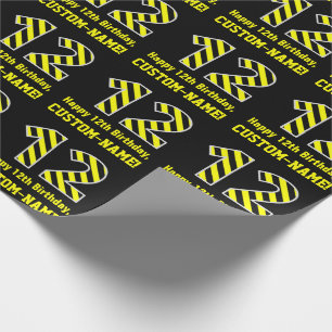 Black & Yellow Striped "12"; 12th Birthday + Name Wrapping Paper