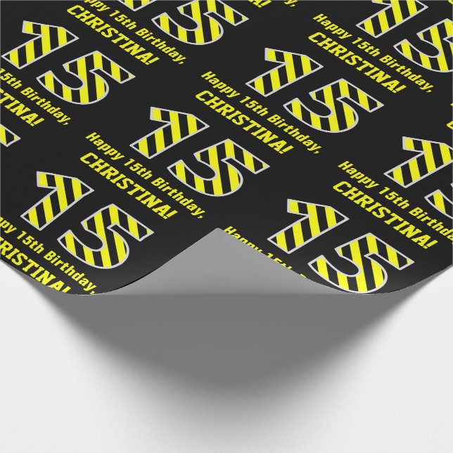 Black & Yellow Striped "15"; 15th Birthday + Name Wrapping Paper (Corner)