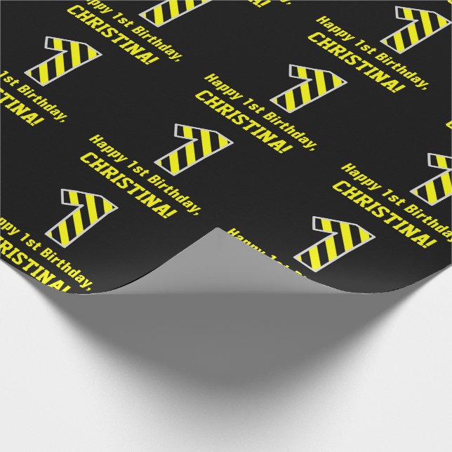 Black & Yellow Striped "1"; 1st Birthday + Name Wrapping Paper (Corner)