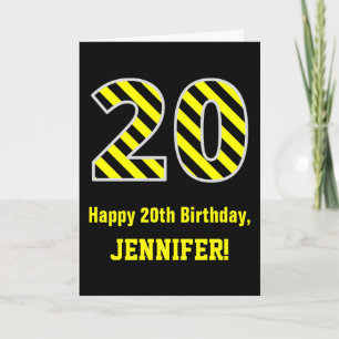 Black & Yellow Striped "20"; 20th Birthday + Name Card