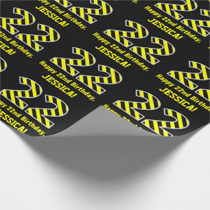 Black & Yellow Striped "22"; 22nd Birthday + Name Wrapping Paper