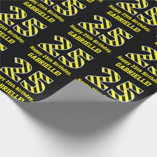 Black & Yellow Striped "25"; 25th Birthday + Name Wrapping Paper (Corner)