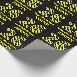Black & Yellow Striped "26"; 26th Birthday + Name Wrapping Paper