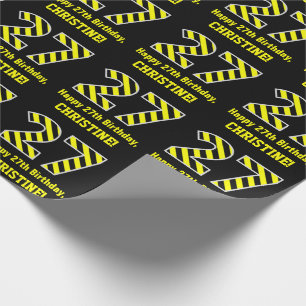 Black & Yellow Striped "27"; 27th Birthday + Name Wrapping Paper